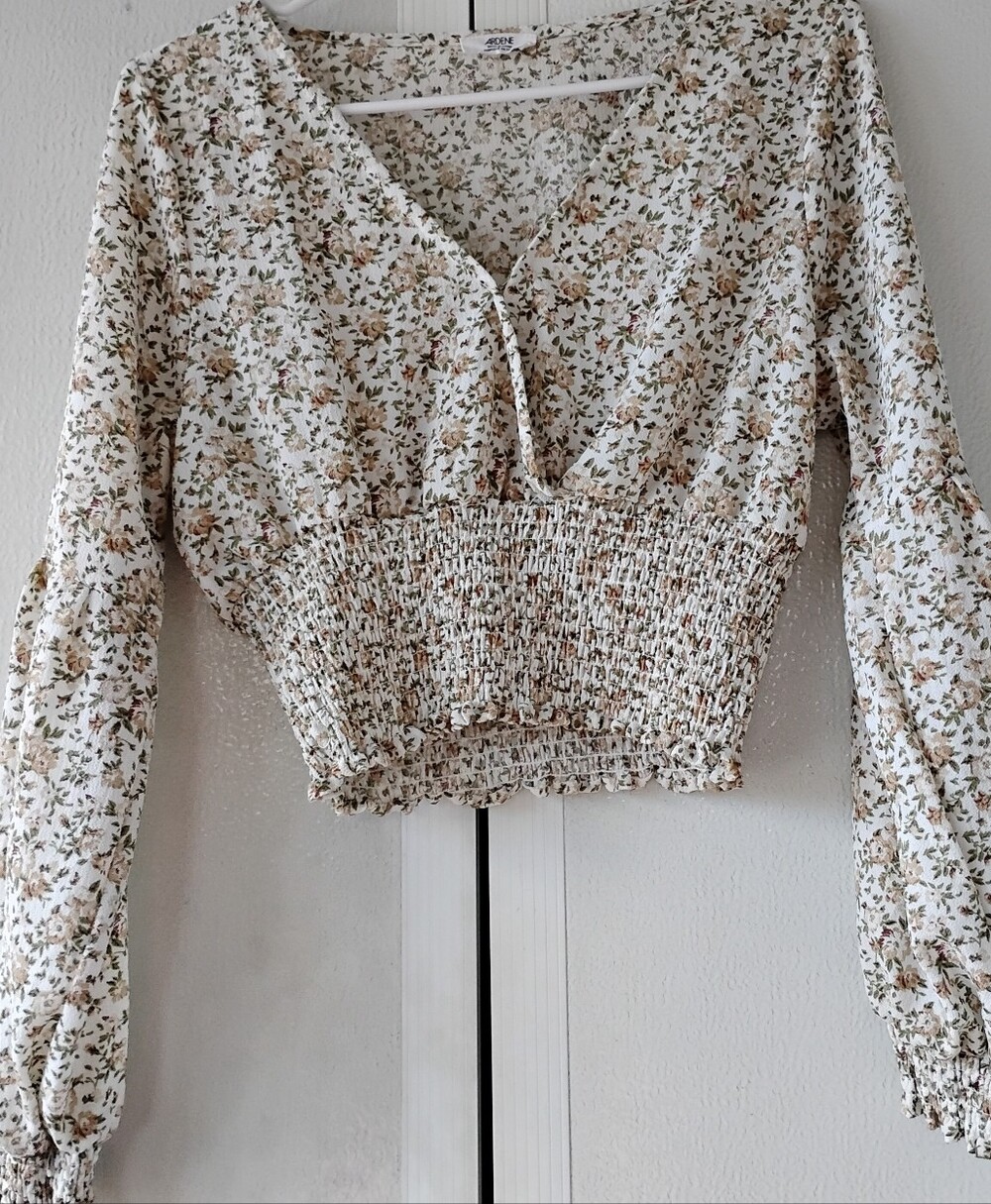 Adrene White Cream Floral Smocked Crop Top